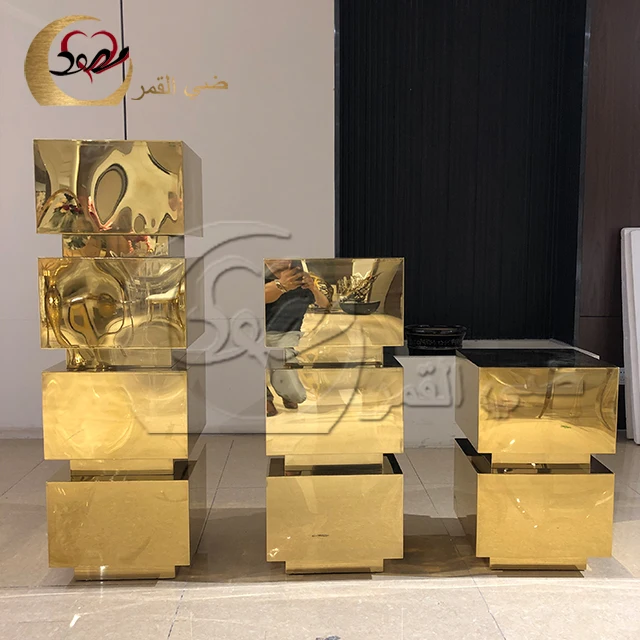 WEdding decor stainless steel cube design flower stand cylinder gold pedestal