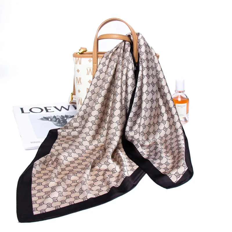 In Stock  fashion new arrival custom designer luxury satin silk scarf printing square 70*70cm satin shawl for women