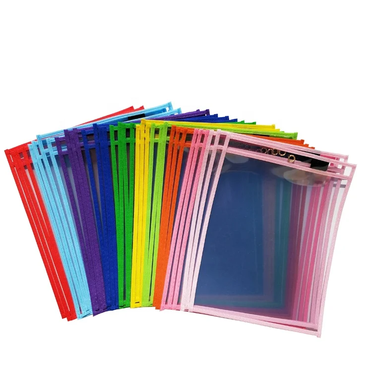 Multicolored A4 student supplies durable PVC plastic dry erase pocket sleeves for classroom organization teaching