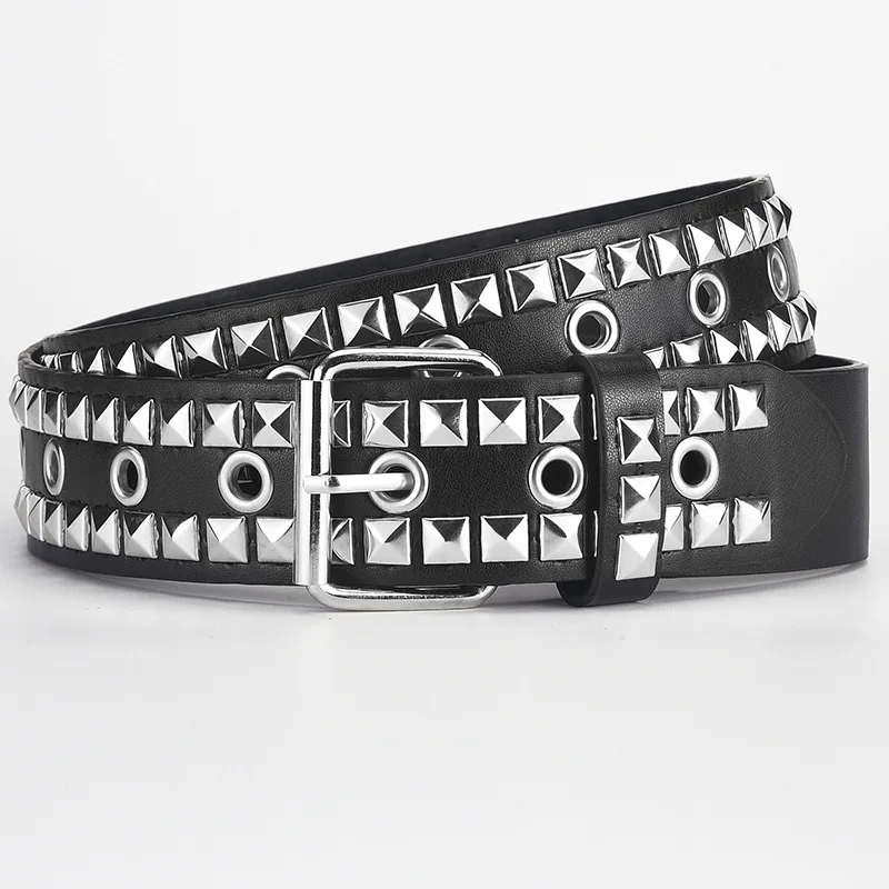 European And American Style Black Punk Leather Studded Two Lines Pyramid Rivet Belts Pu Leather Pin Buckle Belt For Jeans