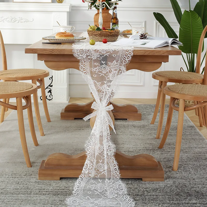 Luxury White  Exquisite Bridal Decor Rustic Boho Rose Overlay Floral Lace Table Runner For Wedding Party