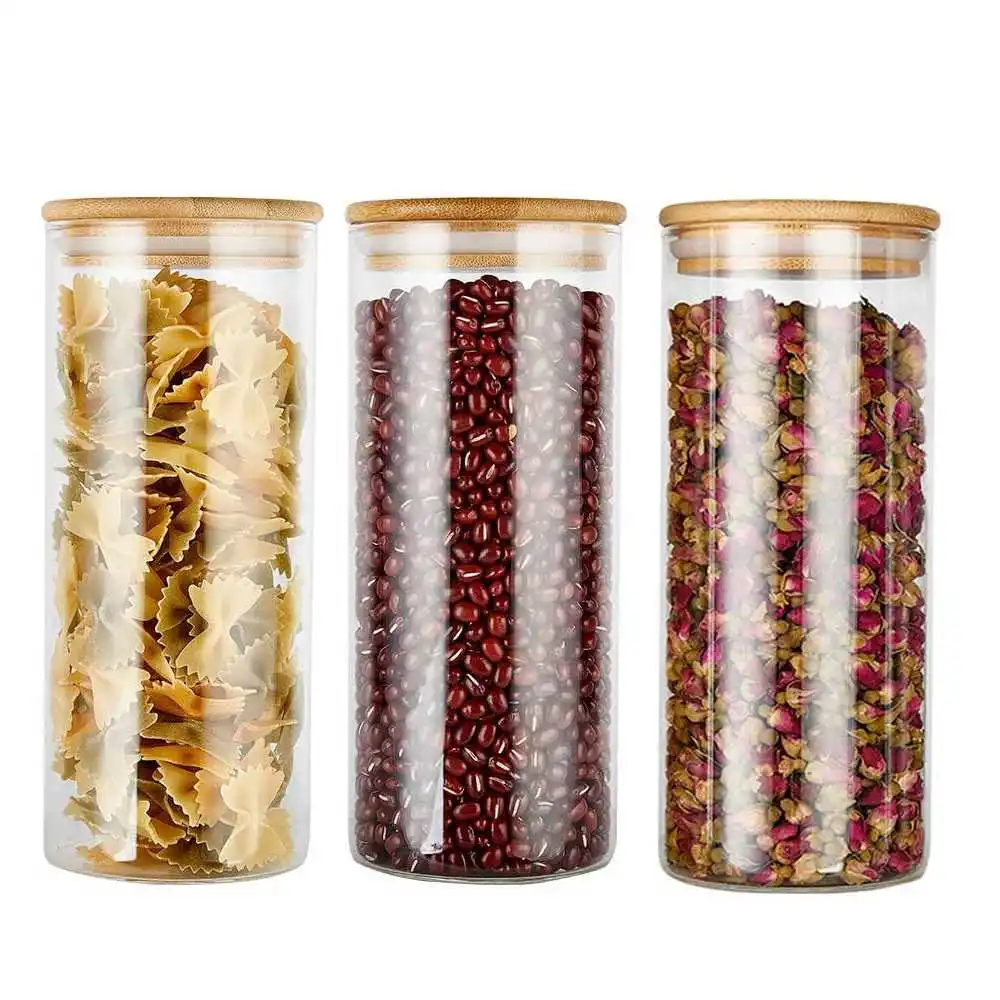 
High borosilicate 3 pieces glass storage jar bottle with bamboo wood lid glass kitchen food container set 