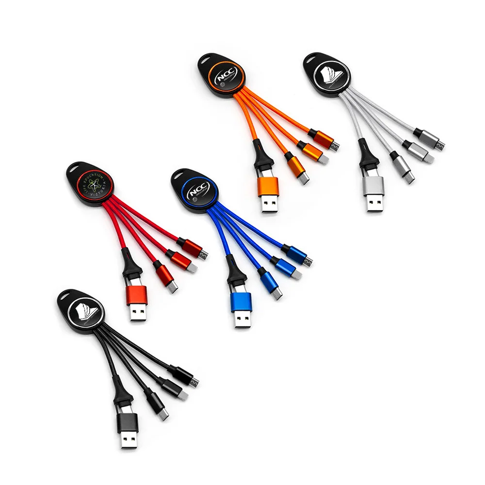 High Quality Nylon Braided Core 5 In 1 Multiple Charging Cables Dual Input USB C Led Charging Cable For Multiple Mobile Phones