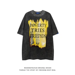 Vintage Black Printed Large Graphic Tees Acid Wash Tshirt Men Oversize Crewneck t Shirts