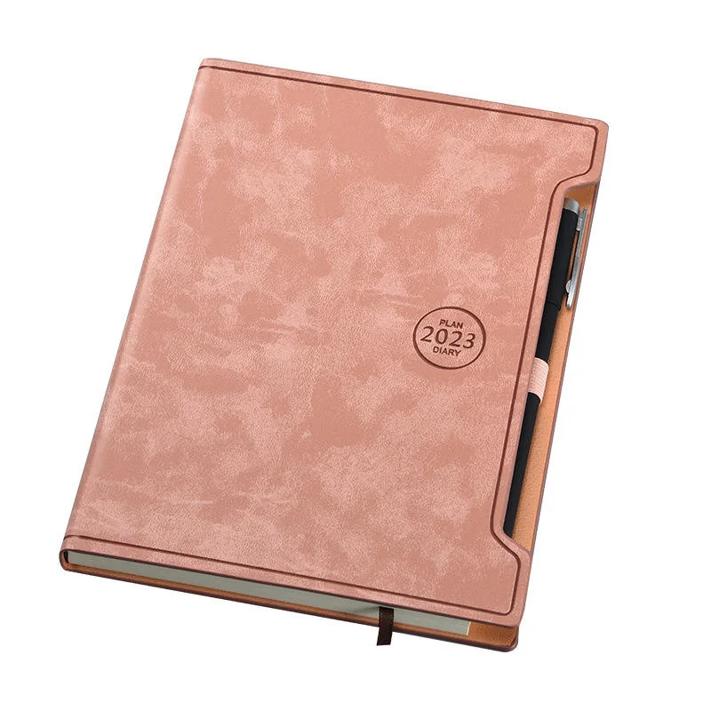 Fashion Pen Loop Oil Edge Dyecutting Hot Stamp Thermo Pu Diary Perfect Leather Ribbon Customized 2023 Diary
