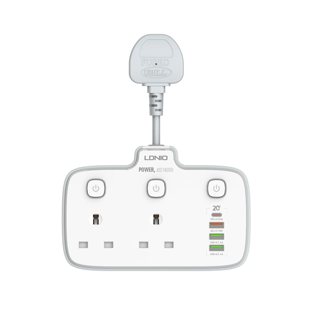 LDNIO SK2492 White UK Plug Extension Strip with 4 USB 2AC Ports Independent Switch Electric Home Wall Charger Socket Outlet