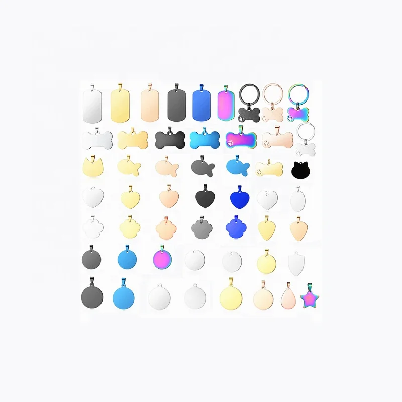 Classic stainless steel pet tag collection round square claw bone heart shield cat head hexagon pentagon fish blank engraved tag