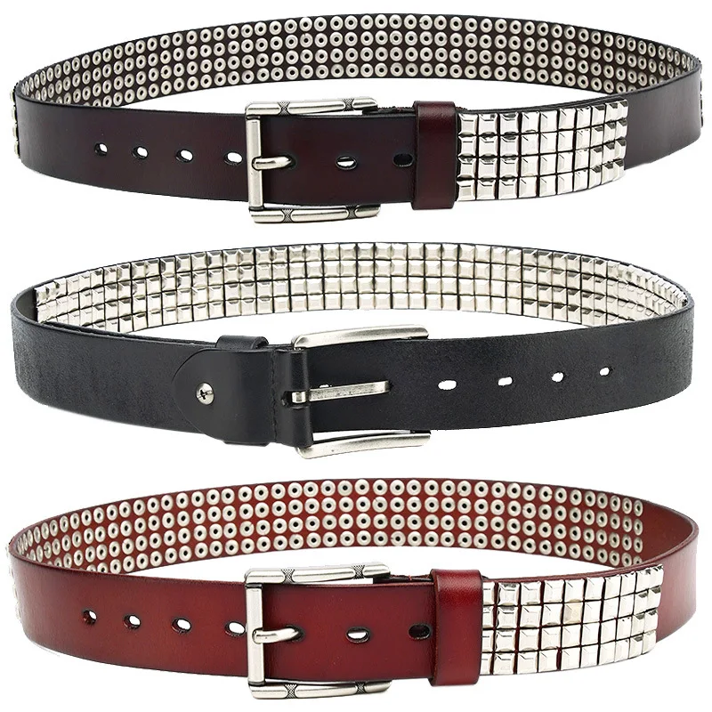 Studded Belt Pyramid Rivets Studs Decoration Belt Punk Style Retro Handmade Full Grain Leather