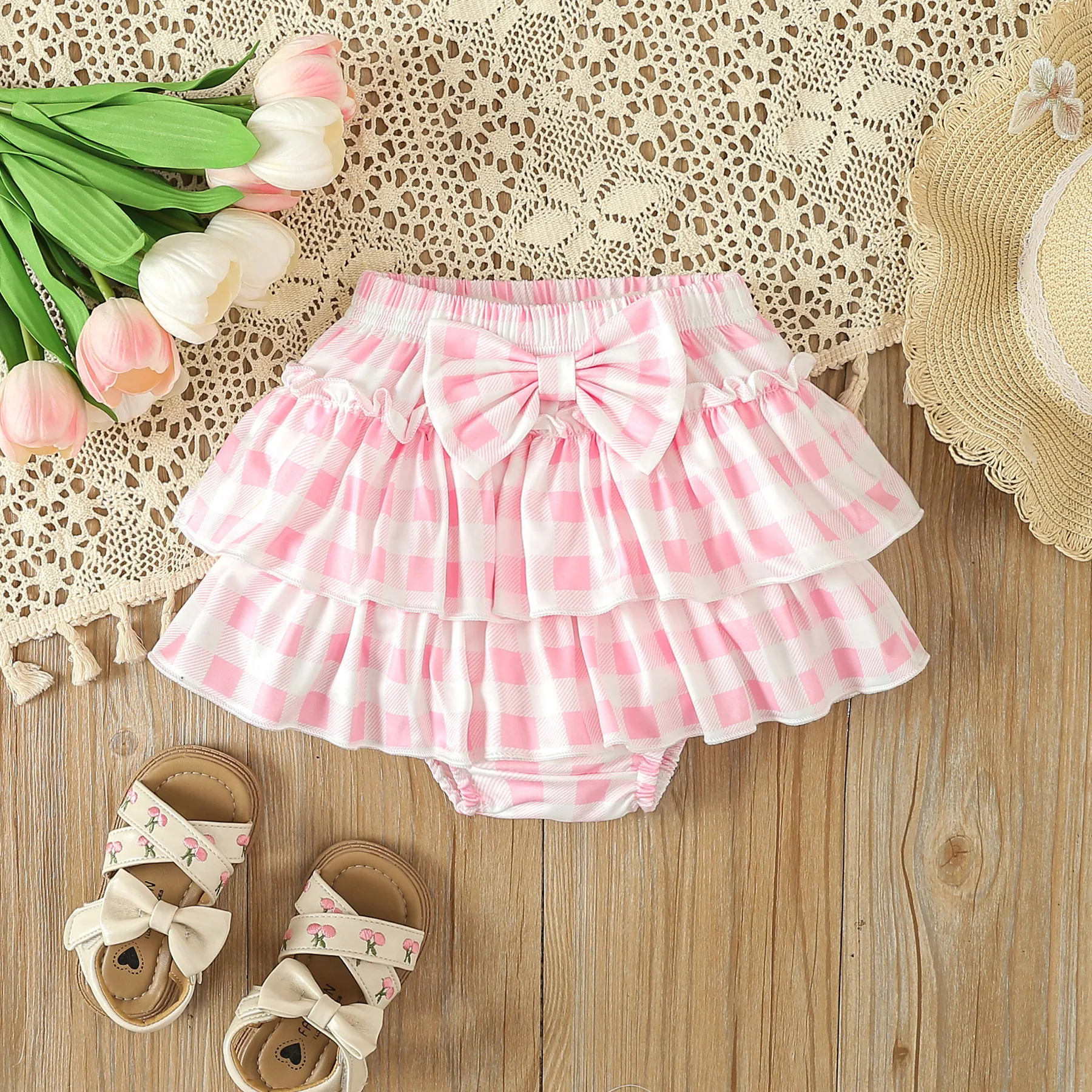Latest Baby Set Fashion Casual Baby Girls Short sleeved Embroidered Letter Romper Pink Plaid Ruffle Shorts+Headband Set