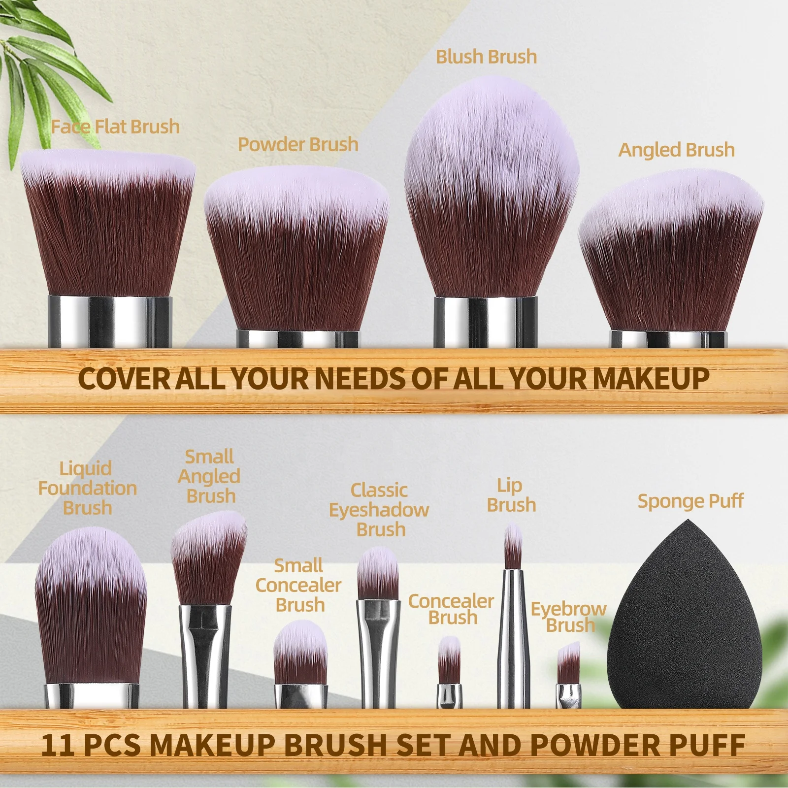 Hot Sell BS-MALL 11Pcs Vegan Bamboo Handle Face Makeup Brushes Cruelty-free Custom Logo Synthetic Makeup Brushes Makeup Sponge