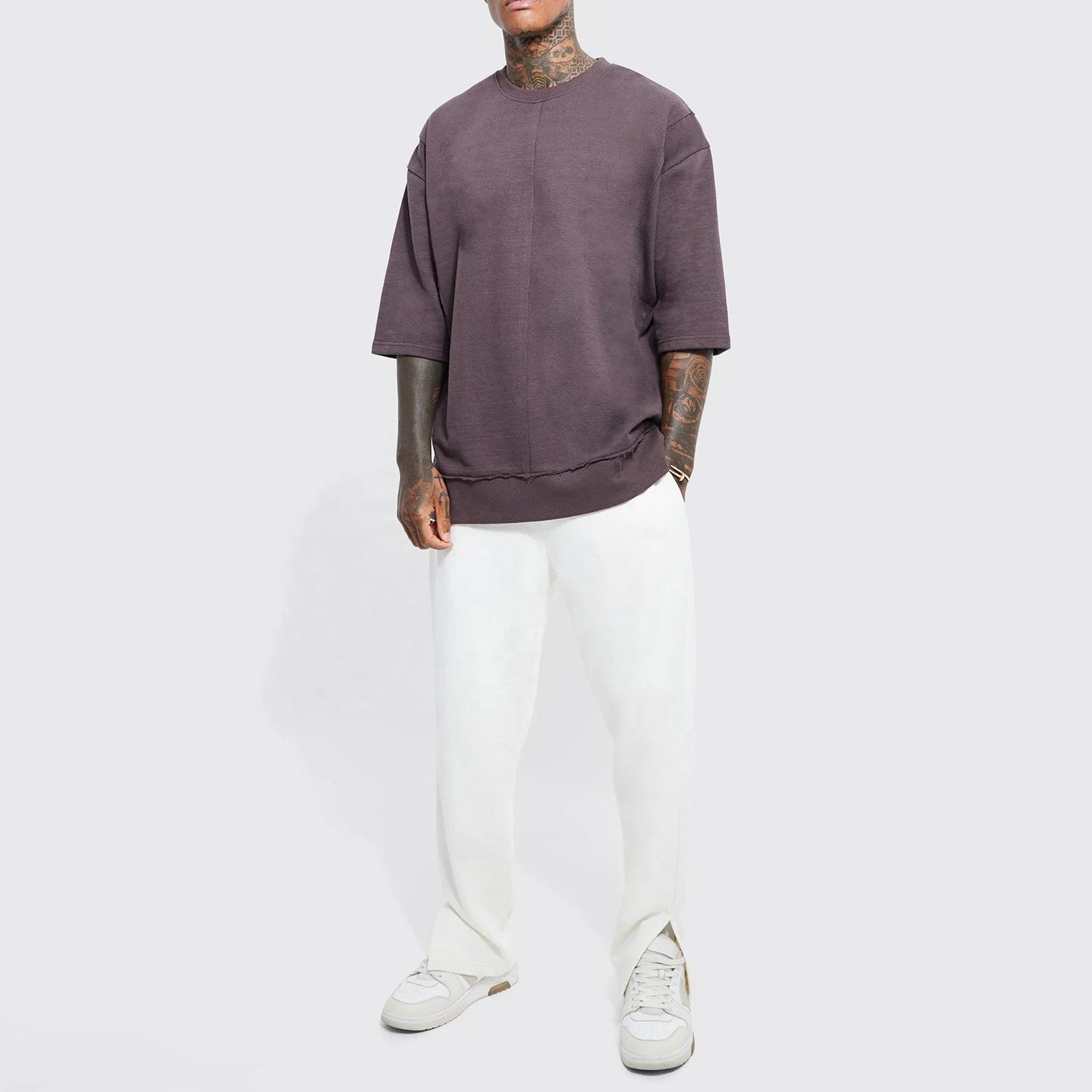 Wholesale Custom t shirt with logo print new design oversized heavyweight raw seam sweatshirt gym sport t shirt for men