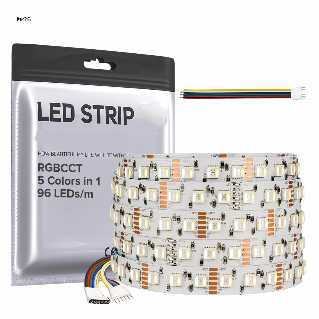 5 Colors in 1 LED 5050SMD RGBWW RGB+Dimmable Tunable Color 16.4ft 96LEDs/m 480LEDs DC12V Multi-Colored Tape Lights