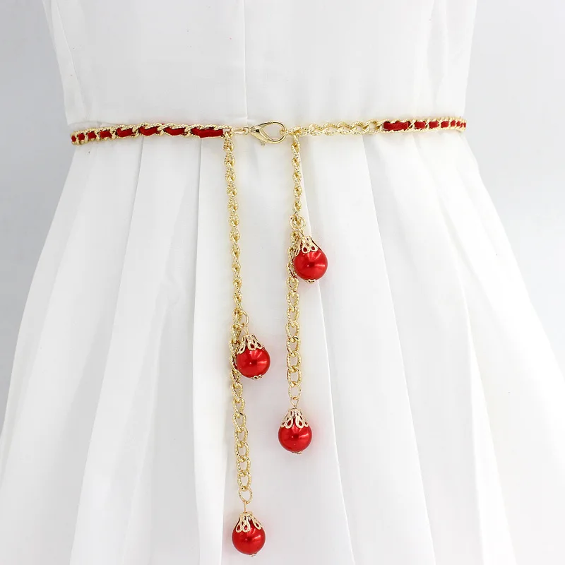 Korean Fashion Long Gold Plated Waist Chain Female Fine Pearl Pendant Metal Decoration Body Chain Dress Belt