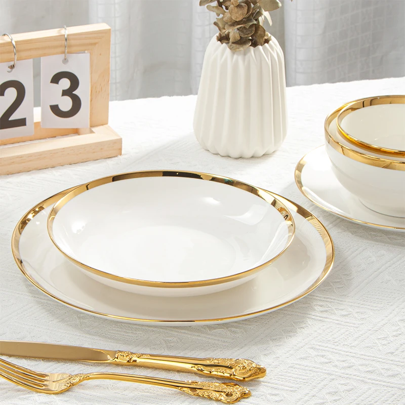 White Gold Rim Ceramic Dinnerware Sets Best Selling Nordic Elegant Porcelain Plates Dinner Sets
