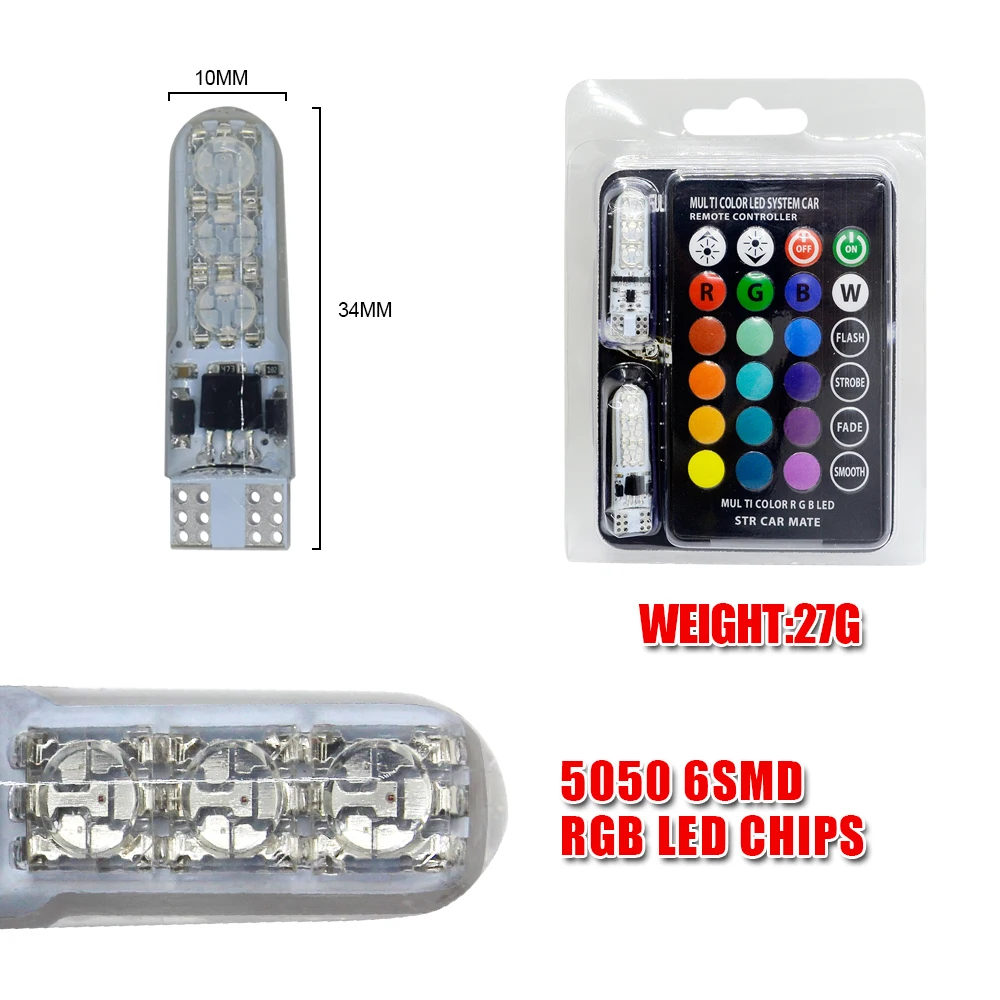 Car Light W5W T10 5050 6SMD LED Bulbs Car Remote Controller Wireless T10 Bulb RGB