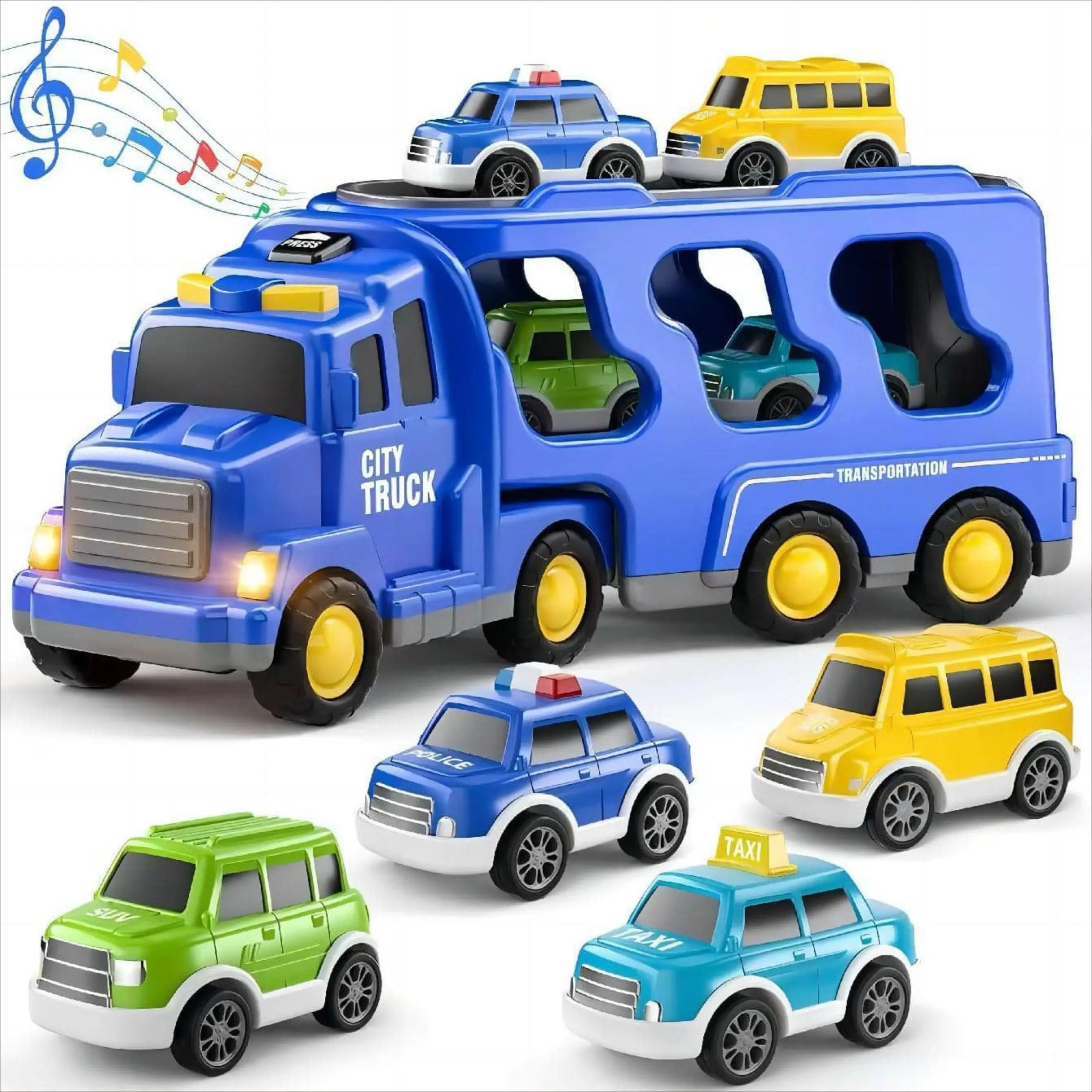 2024 Hot selling inertial lighting music transport car,  urban fire engineering toy car,5 in 1 storage double-decker truck