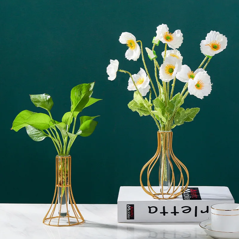 Wholesale wrought iron vase ornaments tube transparent glass home living room dry hydroponic flower arrangement decorat