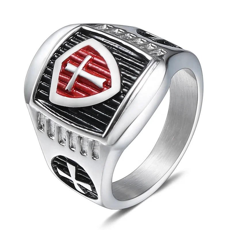 Stainless Steel Jewelry Knight Templar Jesus Cross Ring Red Enamel Punk Finger Ring For Male