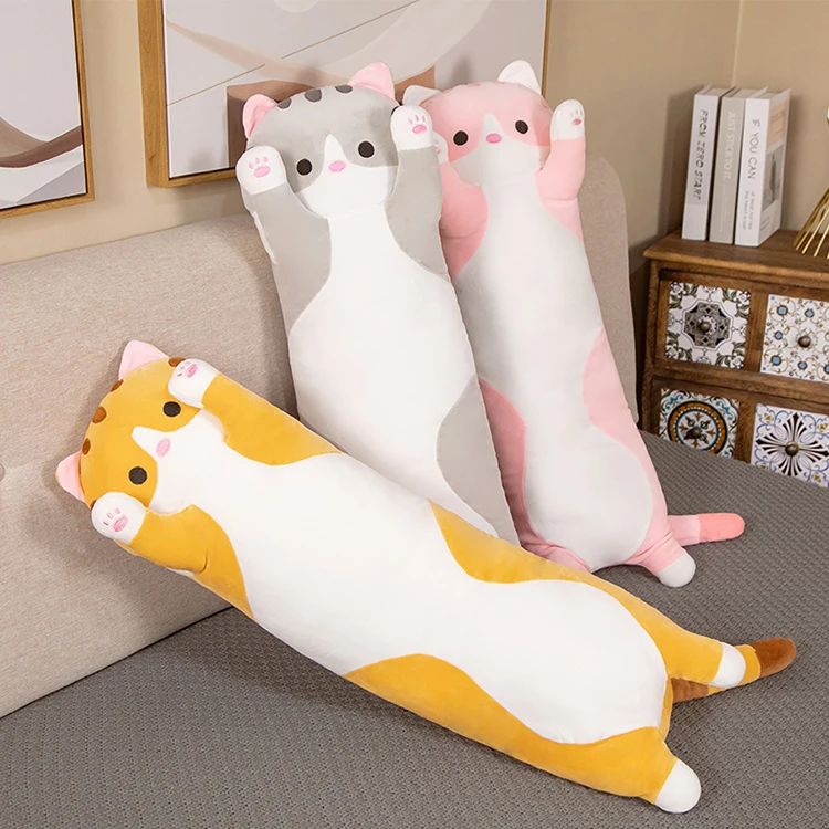Lovely Plush Cat Doll Cute Cartoon Soft Stuffed Kitten Pillow Long Throw Sleeping Pillow Doll Toy Gift for Kids Girlfriend