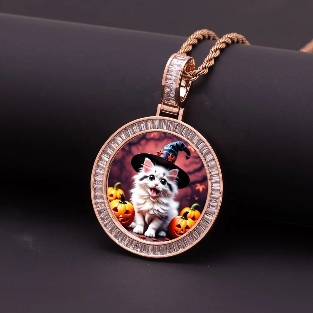 New 38mm DIY Photo Brass Golden Plated Circle Medallions Necklace Baguette Cubic Zircon Pet Cat Dog Rabbit Picture Frame Pendant