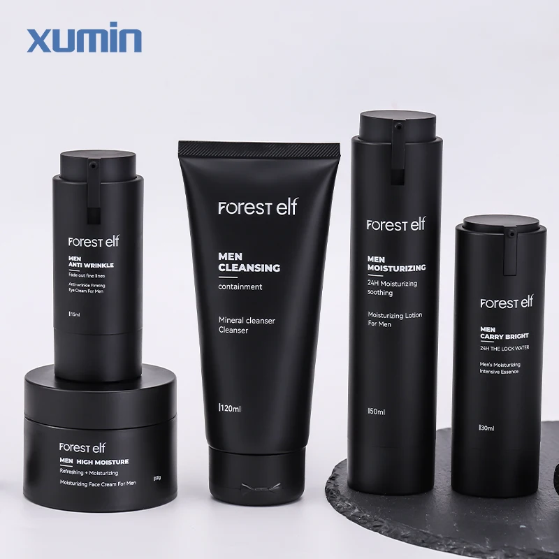 wholesale plastic skin care set empty bottles 15ml airless pump bottle black 30ml 50ml black 120ml plastic tube 50g lotion jars