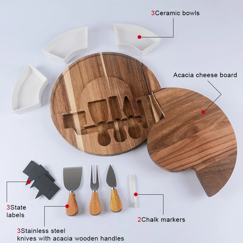 Wholesale round natural acacia wood cheese serving board with 3pcs knife fork cutlery tools and ceramic bowl