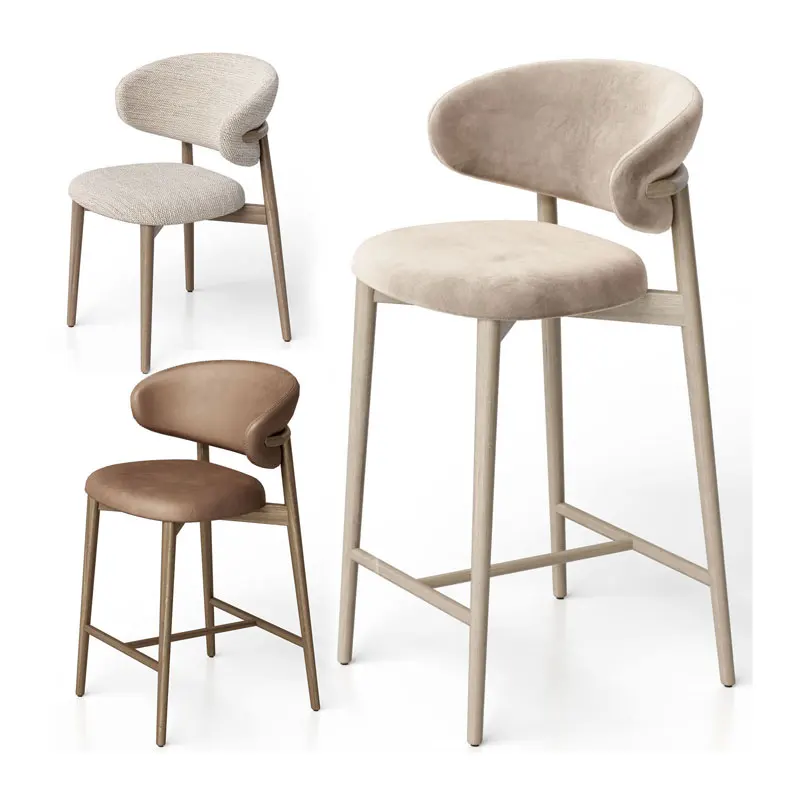 Nordic Luxury Velvet Leather Wood High Counter Chair Modern Bar Stool Bar Furniture for Kitchen Restaurant