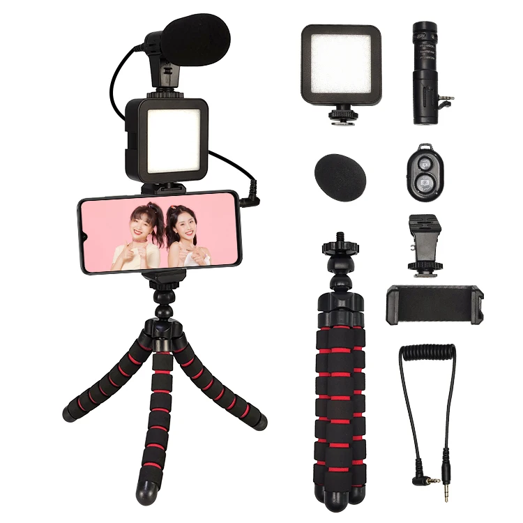 Customize Vlog Kit 4 In 1 Live Streaming Selfie Stick LED Fill Light For Smartphone With Portable Microphone