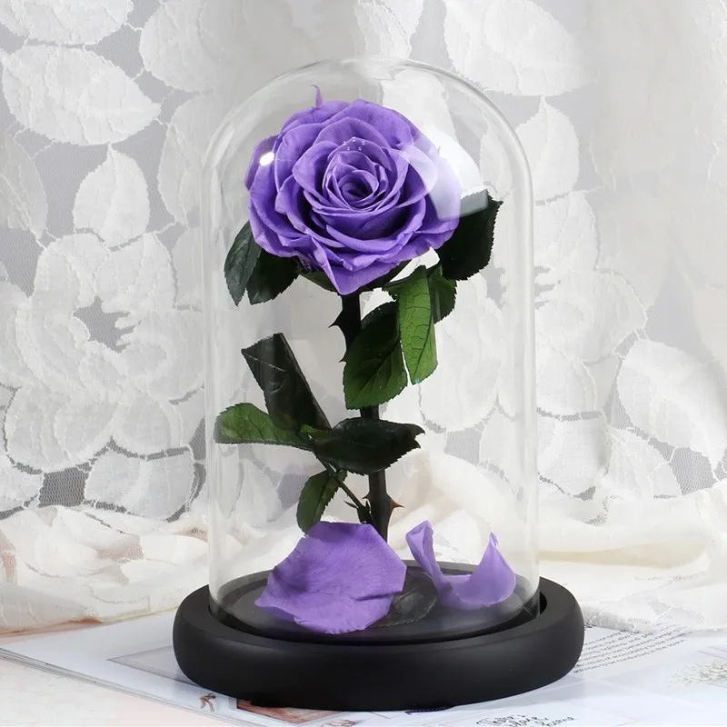 
2021 hot selling preserved long stem roses in glass dome for Valentines gift 