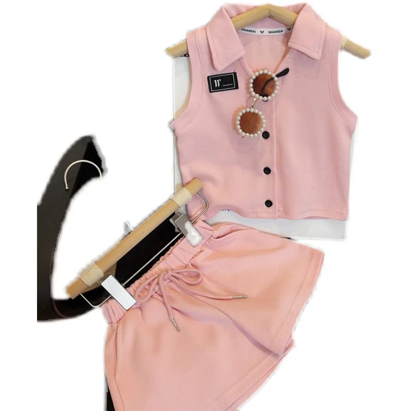 Conyson Korean New Children 2023 Summer Pink Lapel New Girls Cute Soft Cardigan Sleeveless Baby Shorts Kids Two-piece Girl Set