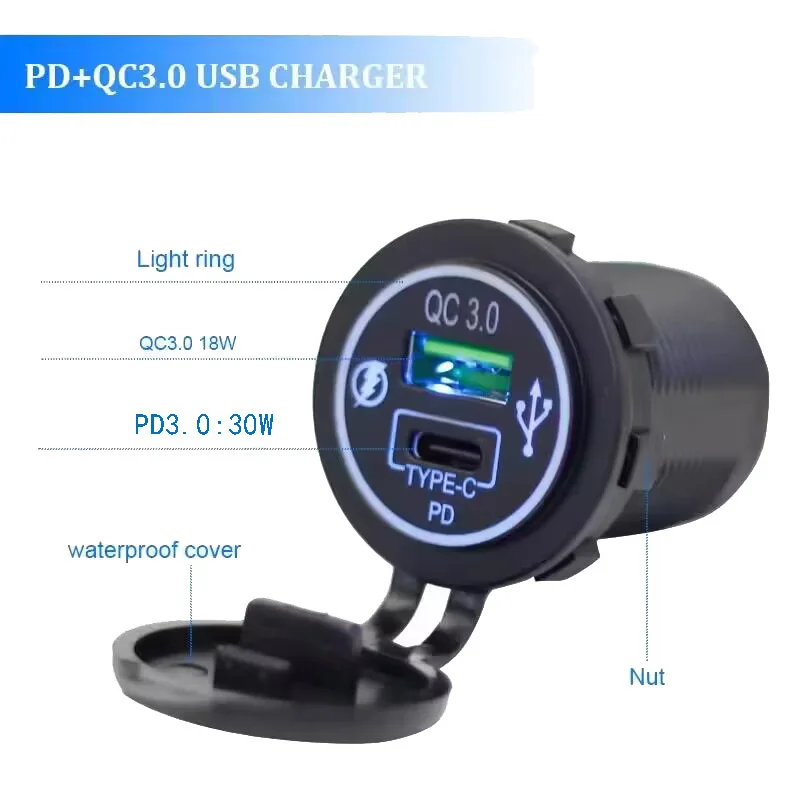 12V/24V Car USB Charger Socket PD Type C + QC 3.0 Power Outlet with Spring Cover Dual Ports Fast Charging for Motorcycle ATV RV