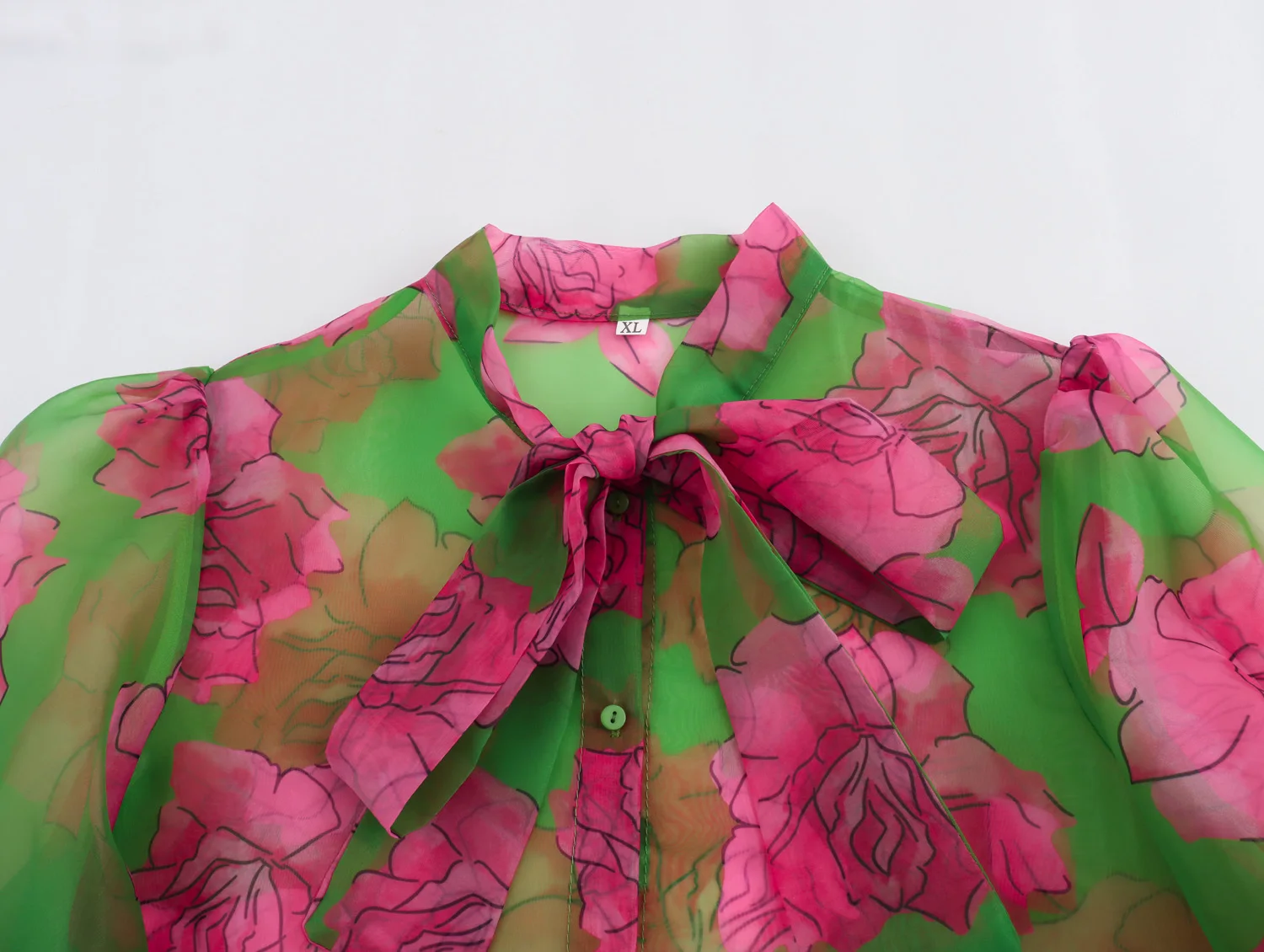 Bow tie collar long sleeve buttons up pink green color oversize casual fashion tops blouse for women