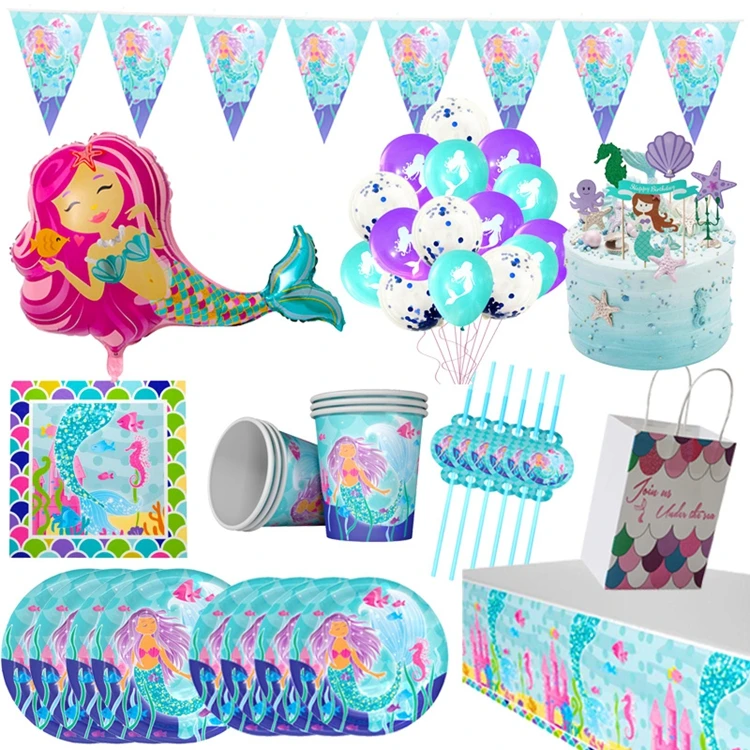 Mermaid Party Supplies Pack,Disposable Tableware and Birthday Party Decoration Set,Perfect for Little Girls