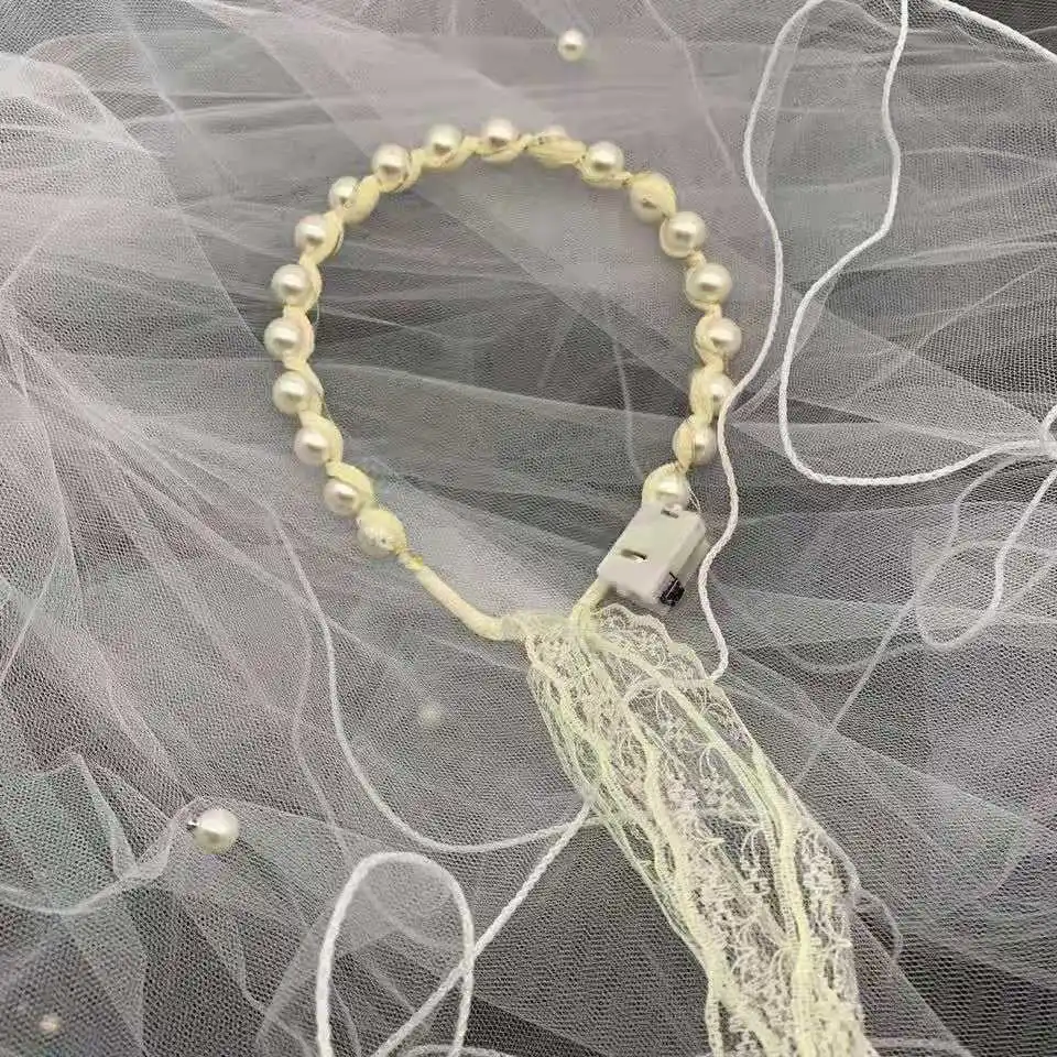 Lace Ribbon Veil Luminous Hair Bands Fairy Lights Light up Headband Female Tie Pearl Headdress Glow Wedding Party Christmas