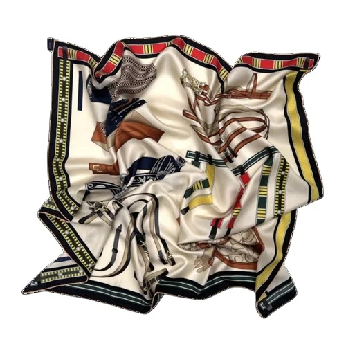 New Custom Design Ladies Silk Square Silk Scarf Luxury Women Belt Printed Silk Hair Scarf With Chain Pattern