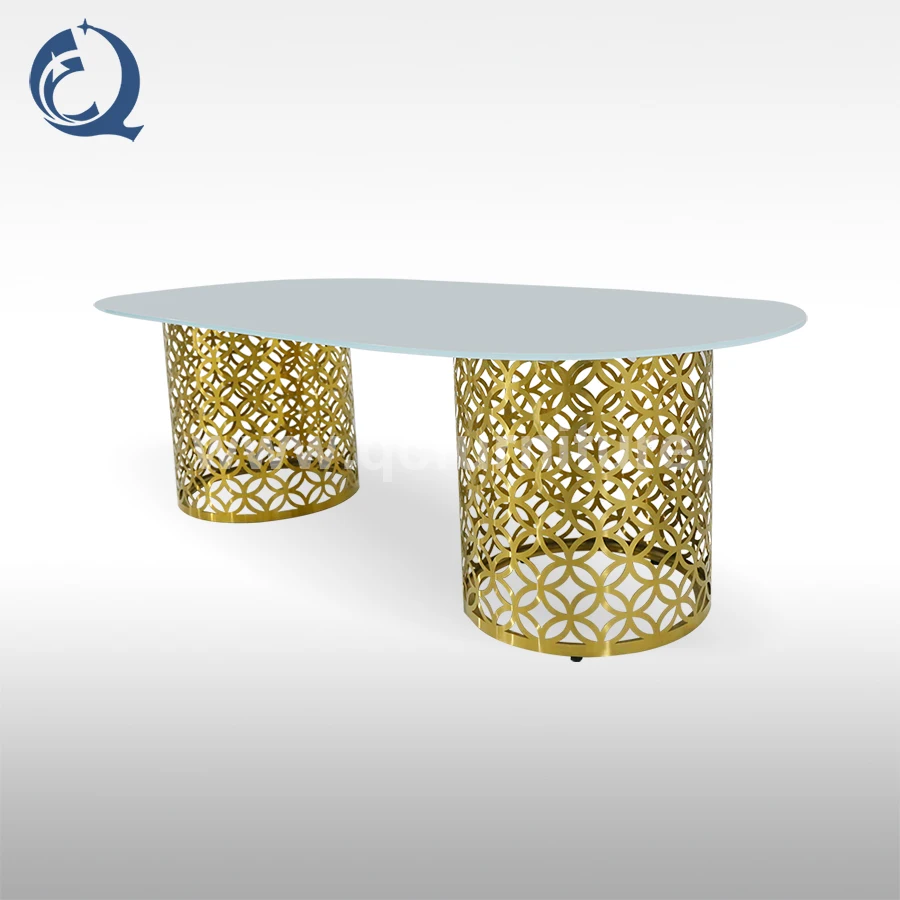 
factory royal event decoration MDF round dining table oval golden wedding table 