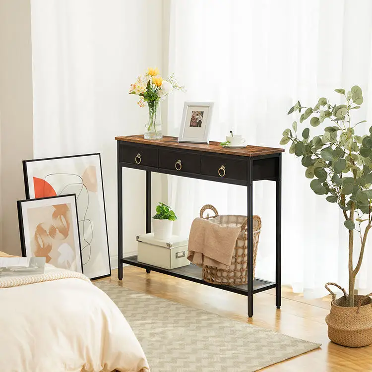 Suoernuo Wholesale Living Room Hallway Console Table Narrow Sofa Table with 3 Storage Drawers and Mesh Shelves Entryway Table