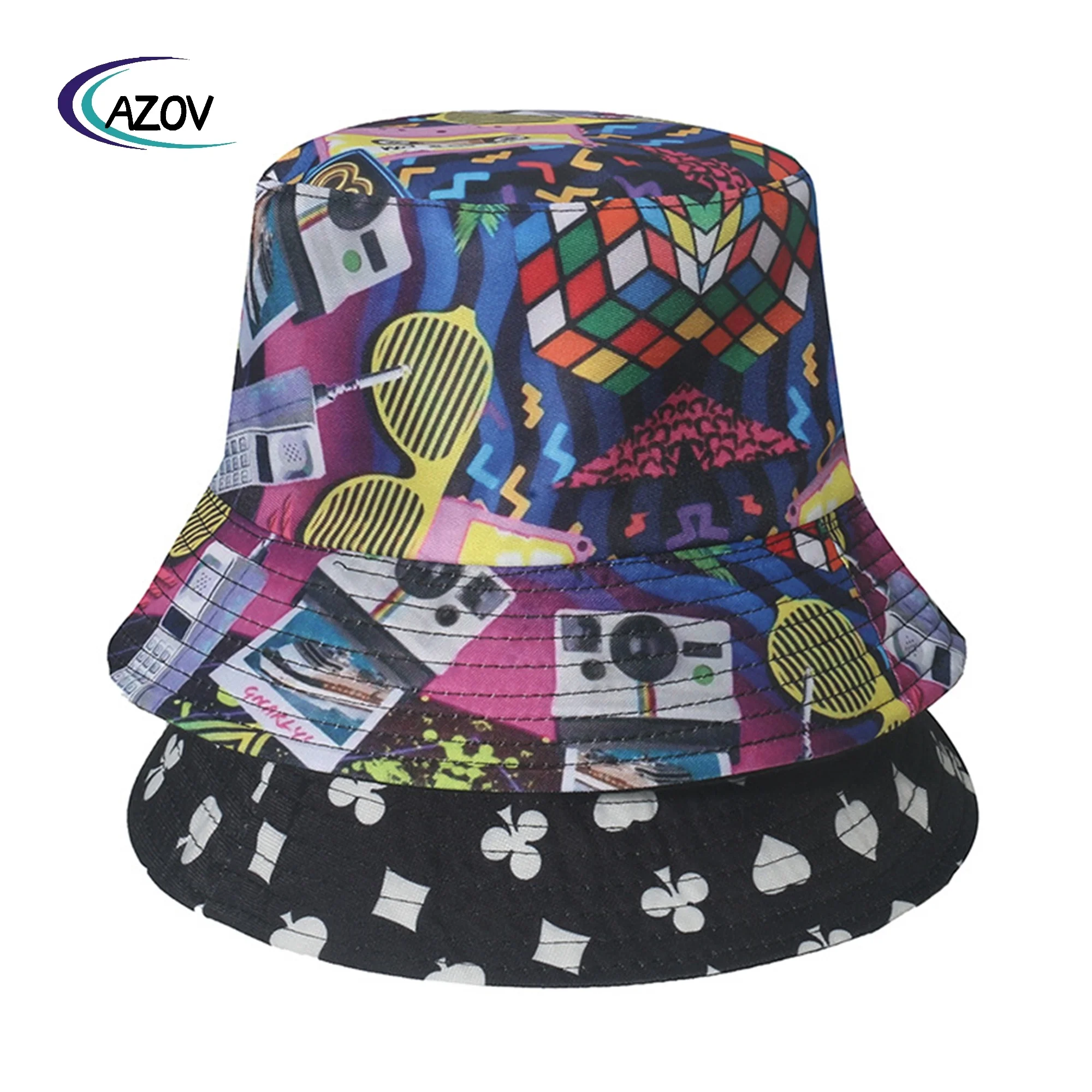 street sun hat personality retro tape cube poker printing bucket hat hip hop