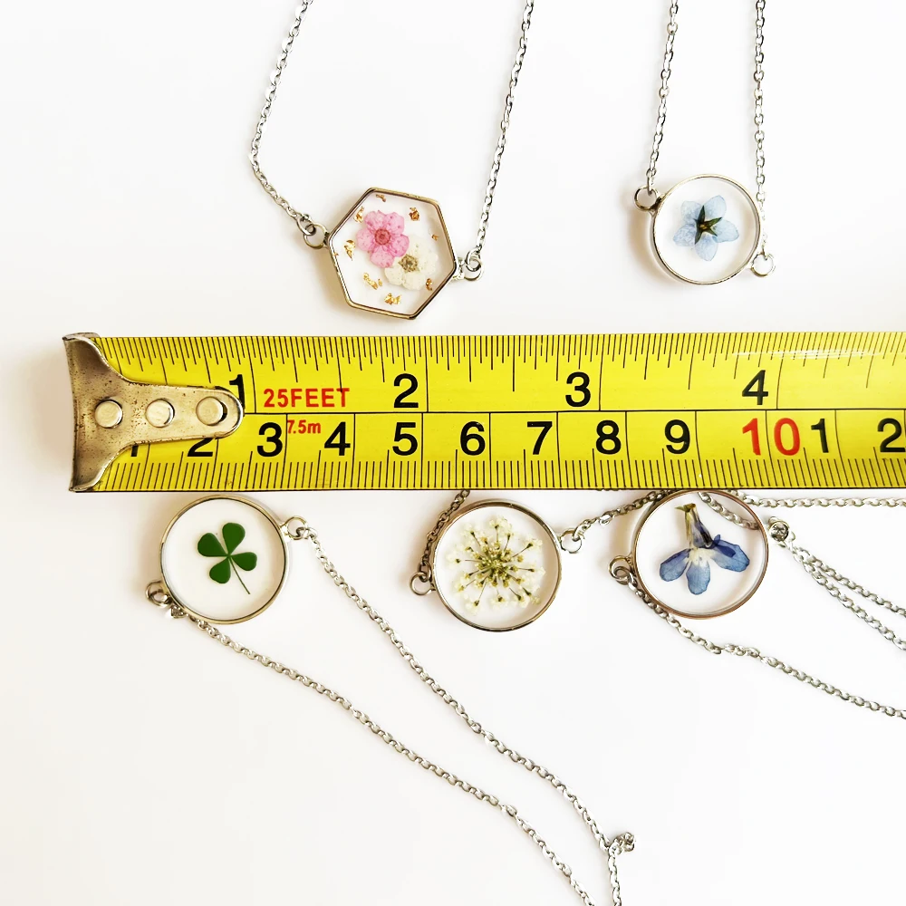 Handmade fancy design simple dainty silver chain blue flower lobelia resin coin silver minimalist necklace