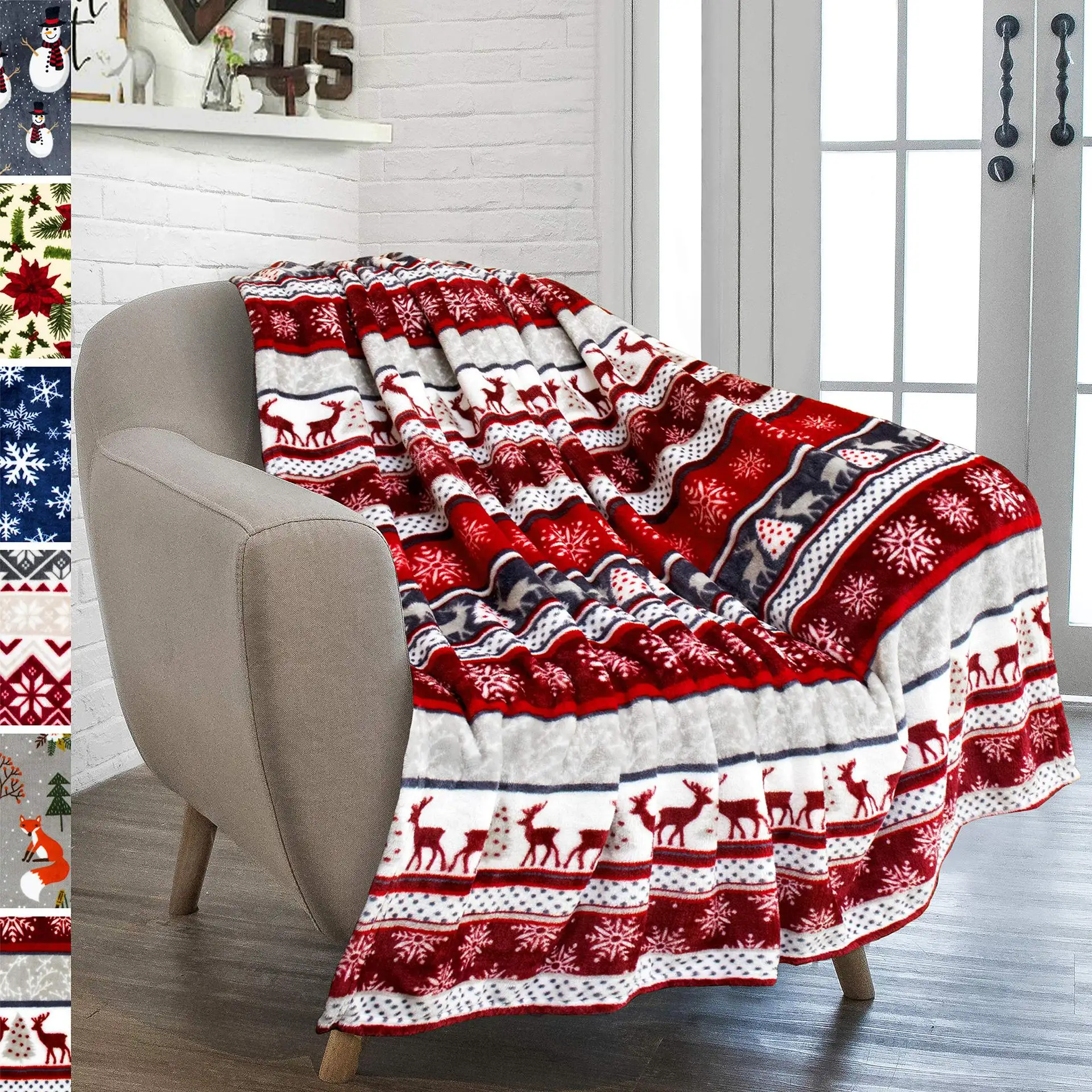 Winter Warm Flannel Sofa Decorative Blanket Christmas Reindeer Snowflake Print Holiday Animal Cartoon Pattern Available Pictures