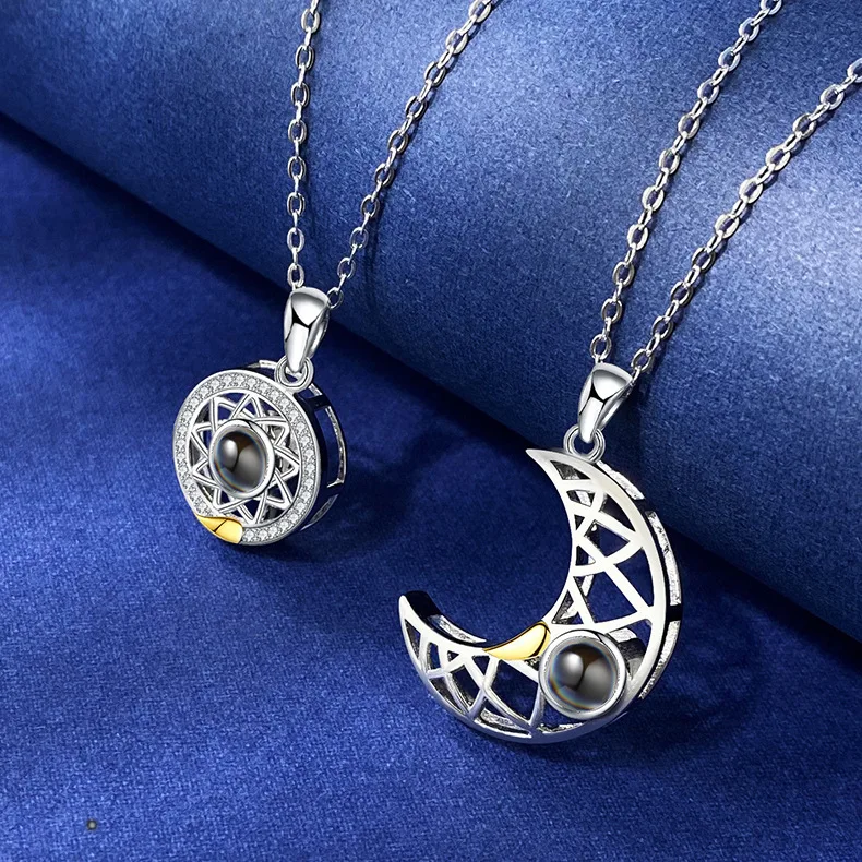 925 Sterling Silver Moon And Sun Magnetic Necklace Attraction Pendant 100 Languages I Love You for Couple