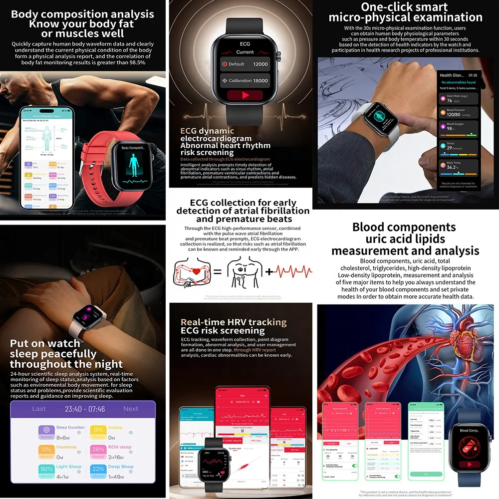 H Band ECG BT Call Health Smartwatch жирные Липиды крови мочевой кислоты BMI amoleed 1 95 дюймов 410*502 Смарт-часы ET587