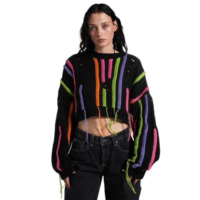 INS street shot fashion knitwear colorful tassels casual croptops jumpers woman sweater crop top women
