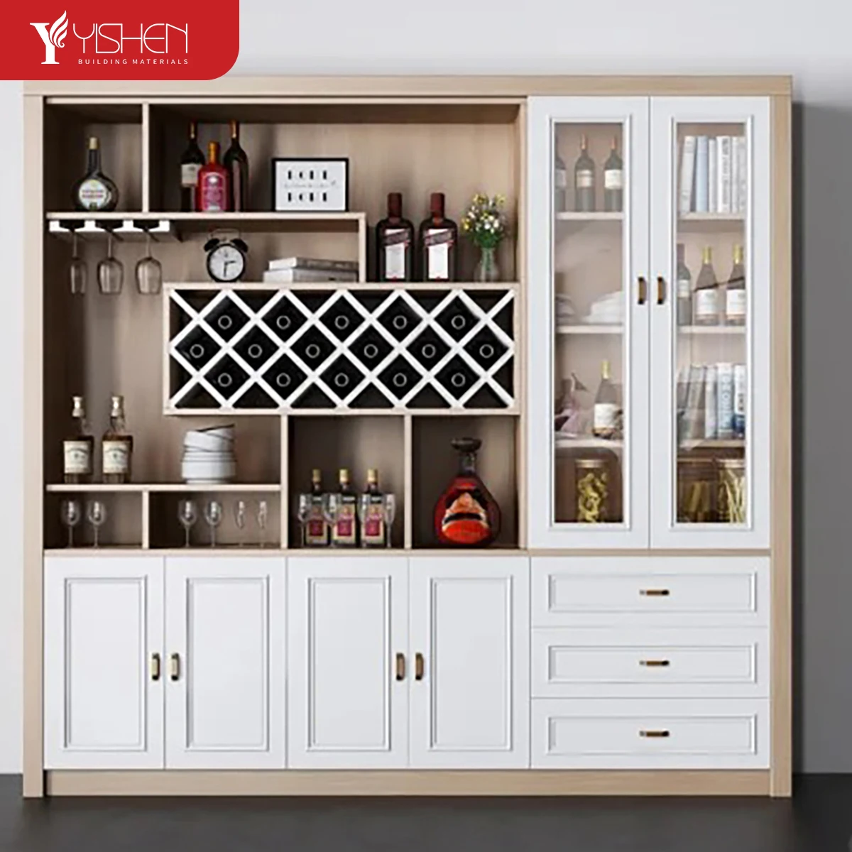 Hot Selling Wooden Wine Display Cabinet Living Room Furniture Wall Mounted Wine Cellar Bar Storage Cabinet With Glass Door