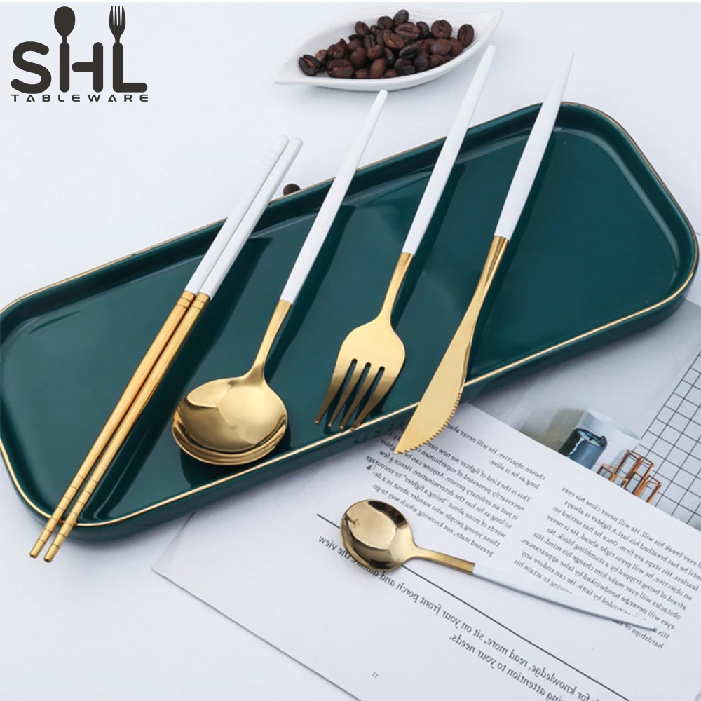 New design wedding gift set spoon set stainless steel cutlery white handle and gold cutlery