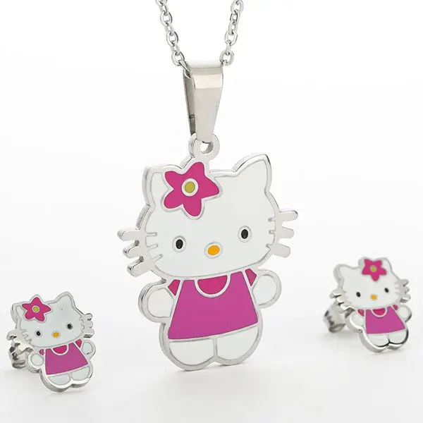 Girls Cute Necklace Jewelry Set Stainless Steel Waterproof Non Tarnish Loverly Cat Necklace Earrings Set For Girls