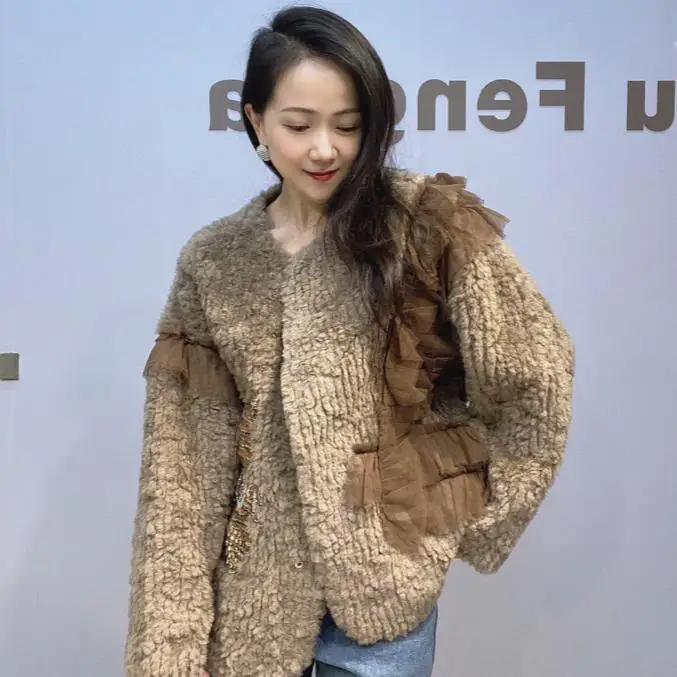 Lace Splicing Imitation Mink Fur Jacket for Women Crew Neck Fluffy Coat Female Winter New Loose Fur Integrated Jacket