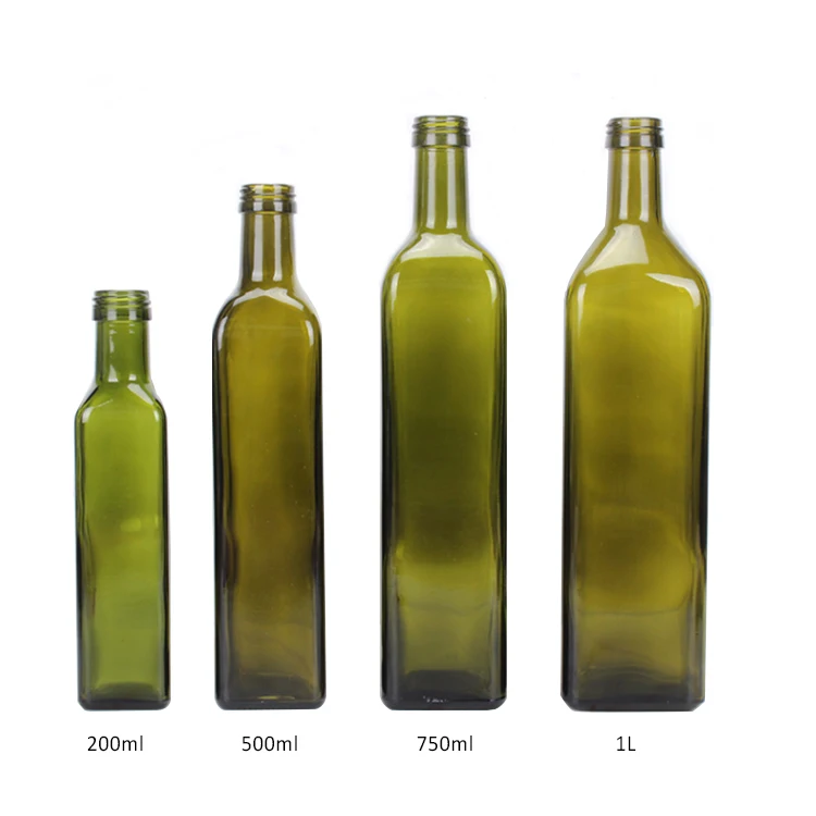 Kitchen Oil Bottle 100ml 200ml 500ml 750ml Green Square Round Marasca Edible Cooking Olive Oil Glass Bottle for Vinegar