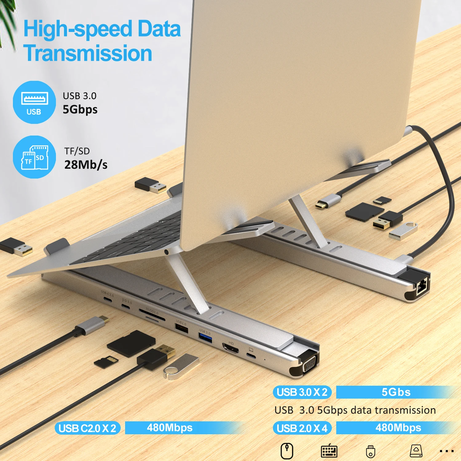 USB A 3.0 USB A 2.0  A RJ45 VGA SD TF Card Reader Type C  HDM I Port USB Multiple ports Hub Laptop Stand