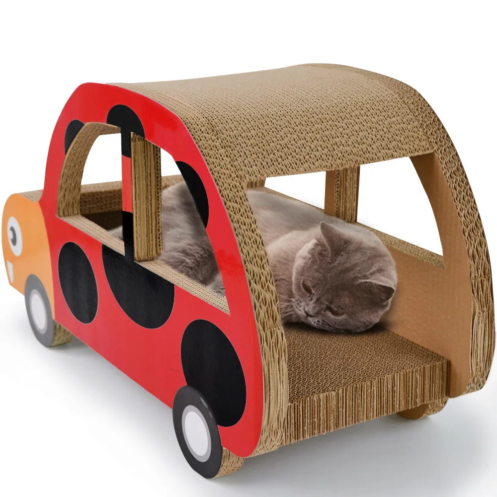 New Design Cat Toys Corrugated Paper Cardboard Cat Scratcher Car Shaped Room House Boxes School Bus Cat Scratcher Nest